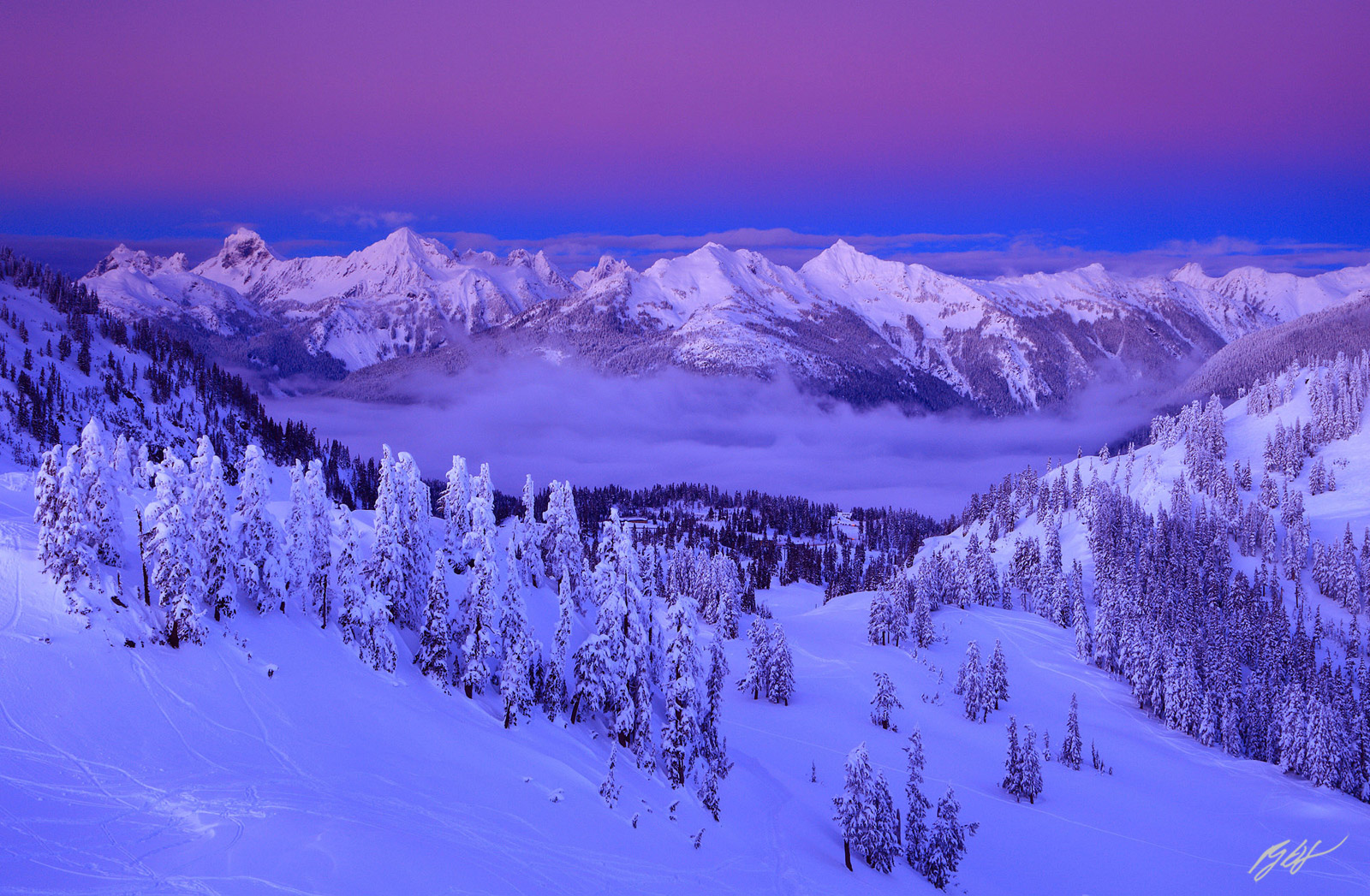 Winter Sunset over the North Cascades from Artist Point in the Mt Baker National Recreation area in Washington