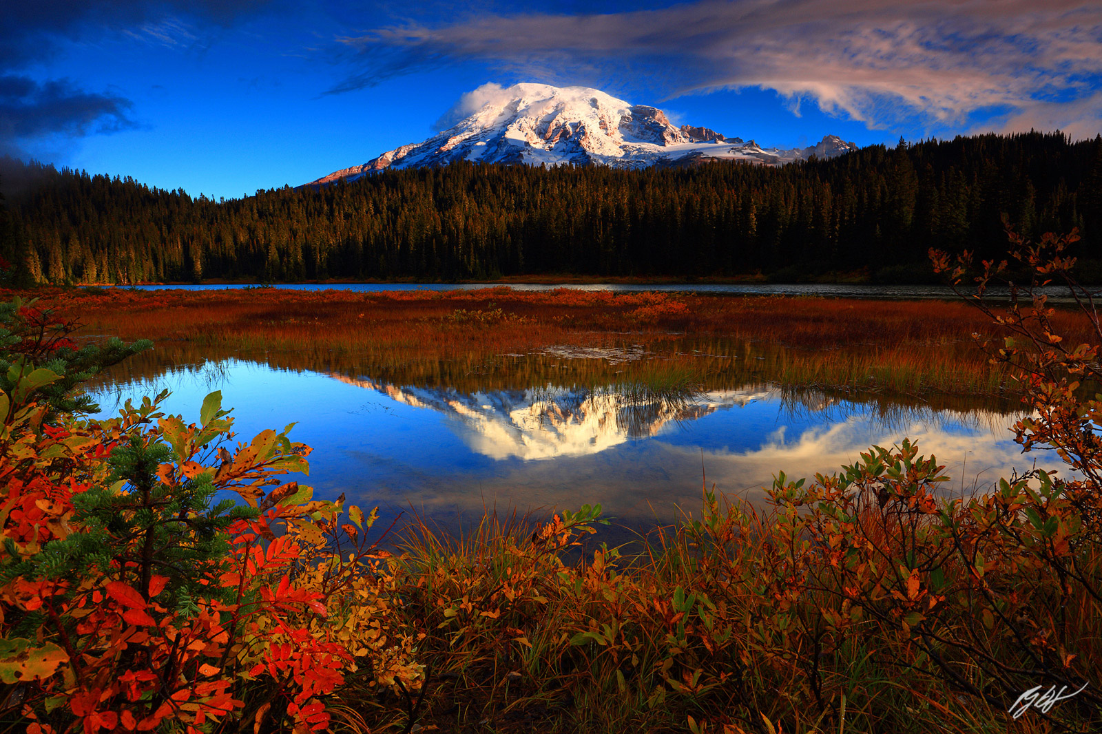 Fall Mt Rainier Reflected in Reflection Lakes from Mt Rainier National Park in Washington