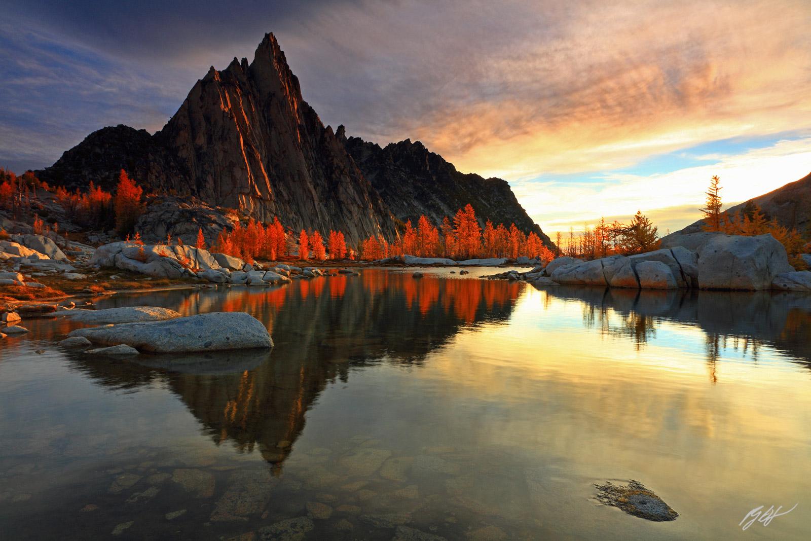 Sunrise Prusik Peak Reflected in Gnome Tarn in the Enchantments in the alpine Lakes Wilderness in Washington