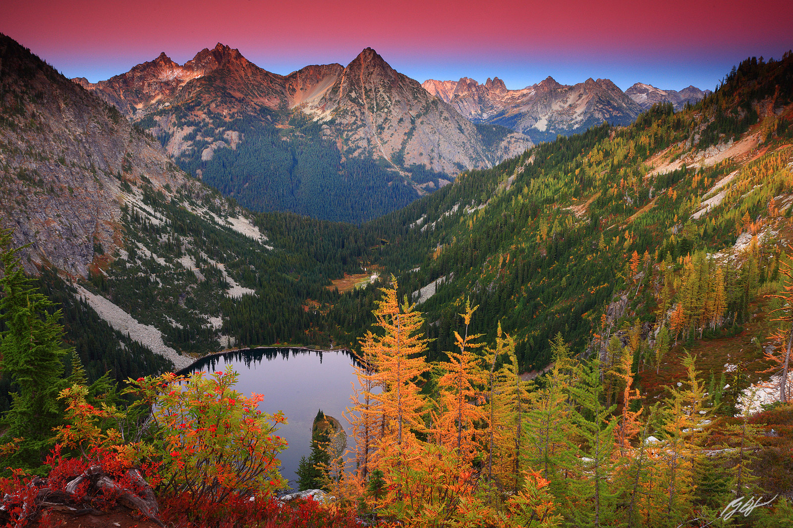 Sunset Alpenglow over Lake Ann and the North Cascades from Maple Pass in the North Cascades in Washington