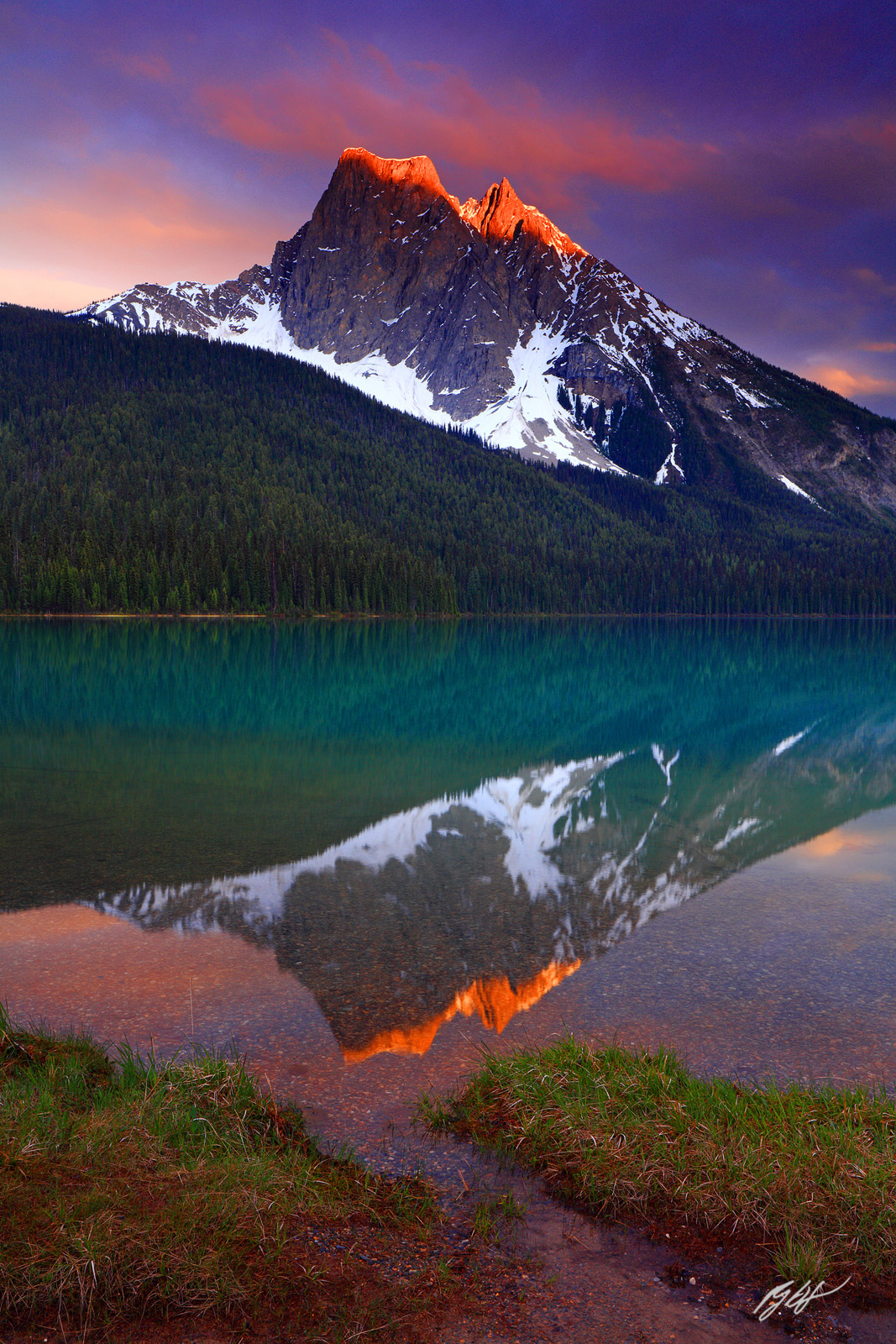 Sunset Wapta Mountain Reflected in Emerald Lake in Yoho National Park in British Columbia Canada