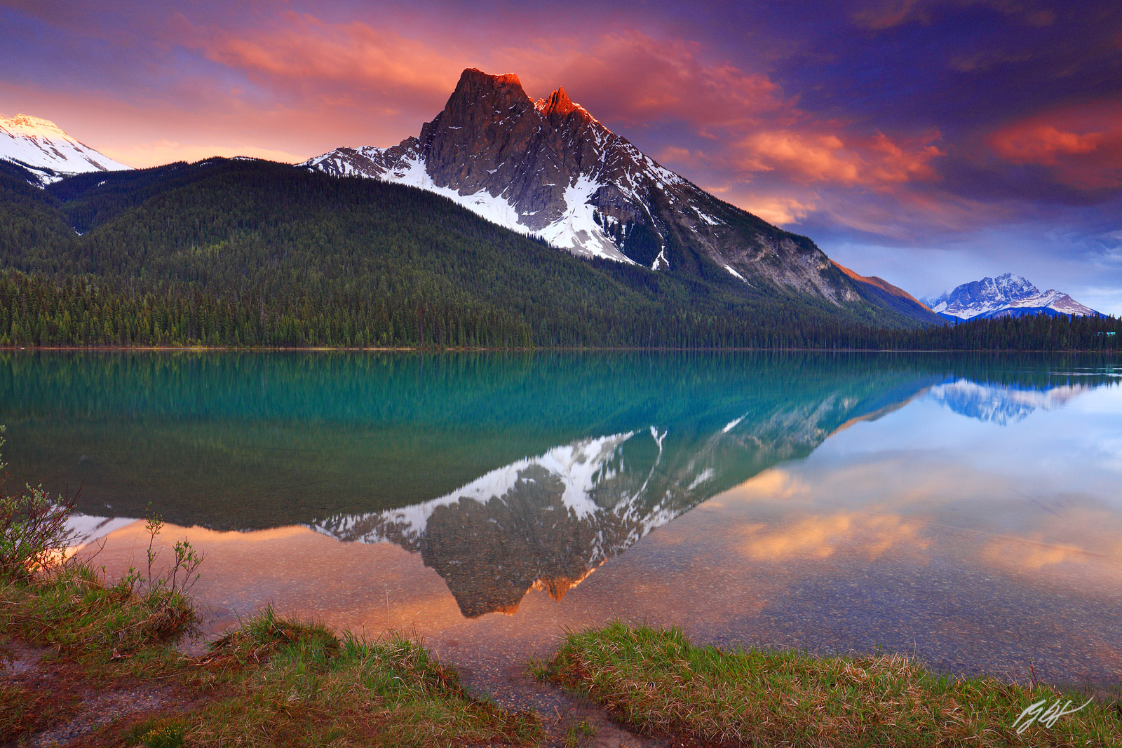 Sunset with Wapta Mountain Reflected in Emerald Lake in Yoho National Park in British Columbia Canada