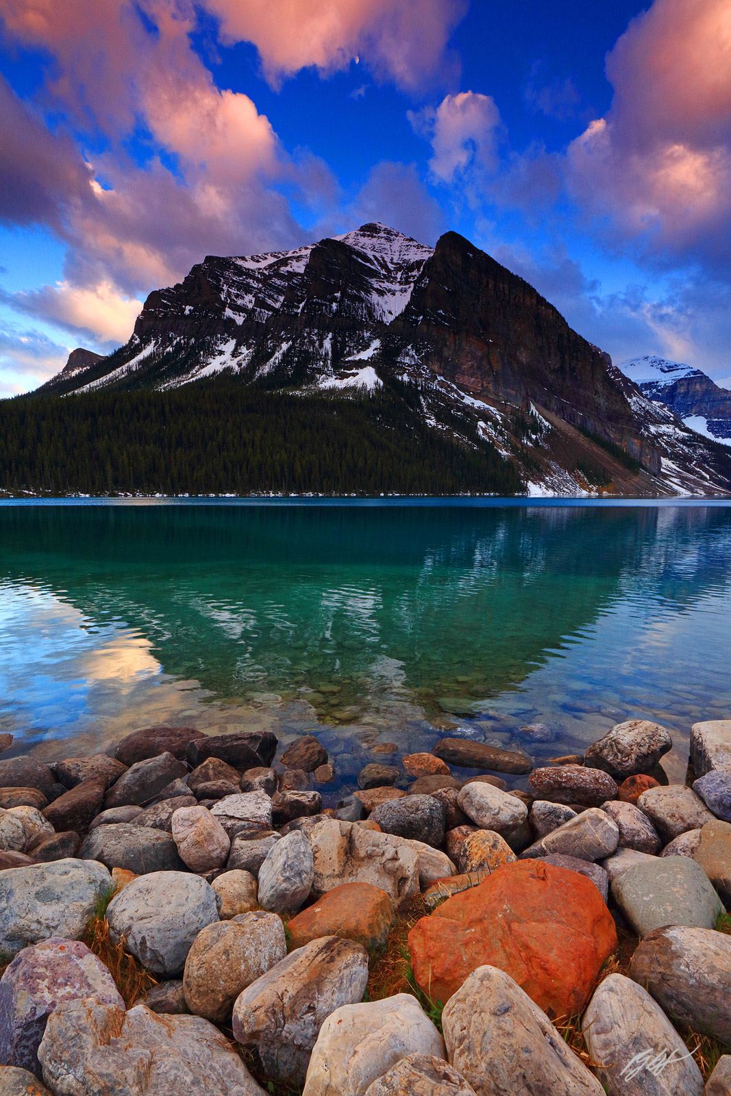 Sunset Fairview Mountain Reflected in Lake Louise in Banff National Park in Alberta Canada