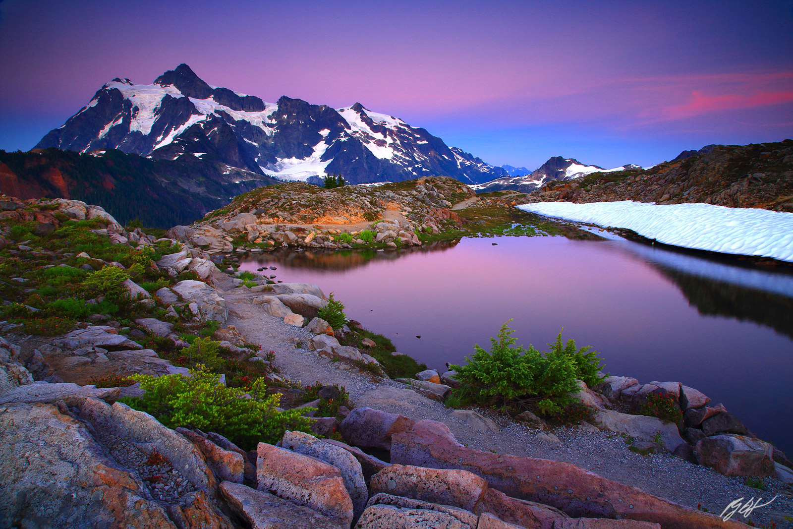 Sunset Alpenglow Mt Shuksan and a Tarn from Artist Ridge in the Mt Baker National Recreation Area in Washington