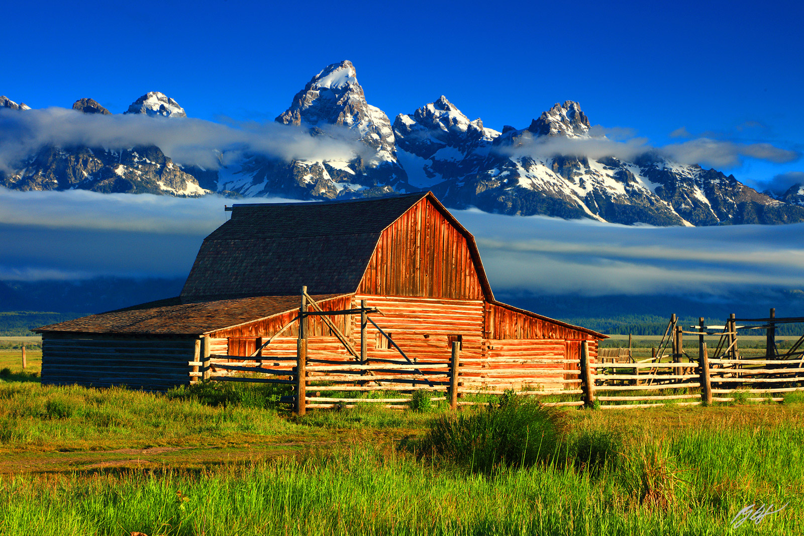Barn and Grand Tetons in Mormon Row in Grand Teton National Park in Wyoming