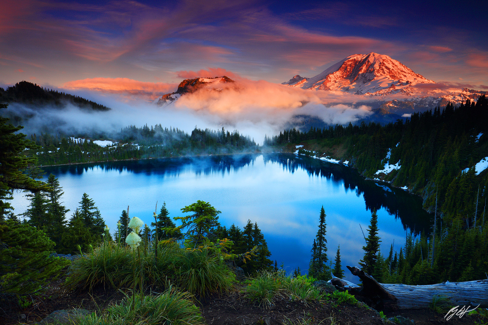 Sunset Mt Rainier and Summit Lake in the Clearwater Wilderness in Washington