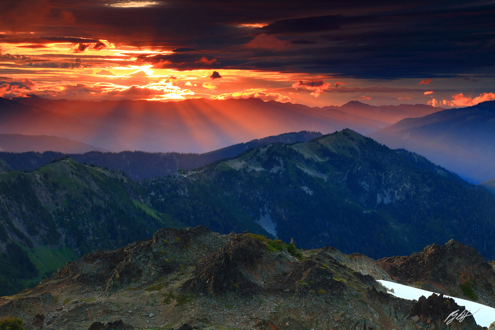 Sunset Olympic Mountains from Grand Peak in Olympic National Park in Washington