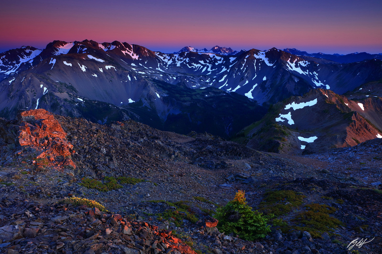 Sunset Alpenglow Olympic Mountains from Grand Peak in Olympic National Park in Washington