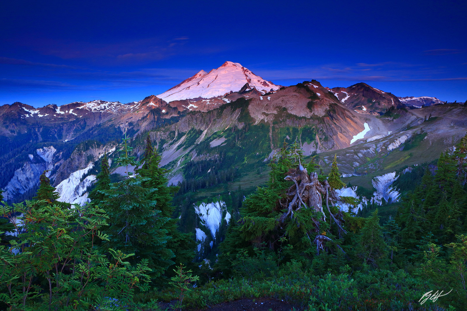Pre-Dawn Light with Mt Baker from Artist Ridge in the Mt Baker Wilderness, North Cascades in Washington