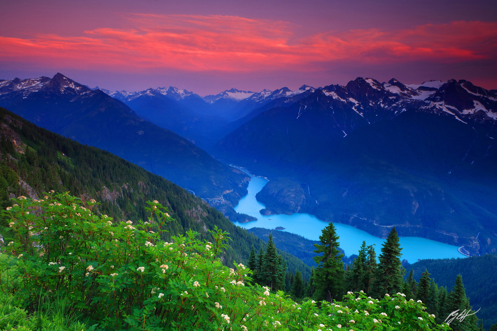 Sunset over Diablo Lake from the Summit of Sourdough Mountain in North Cascades National Park in Washington