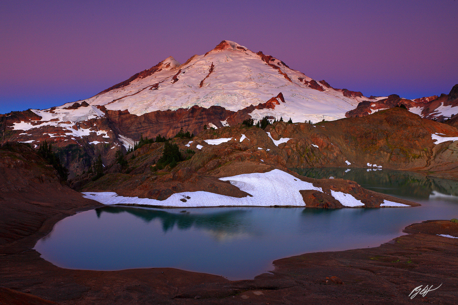 Sunrise with Mt Baker Towering over 14-Goat Lake in the Mt Baker Wilderness in Washington