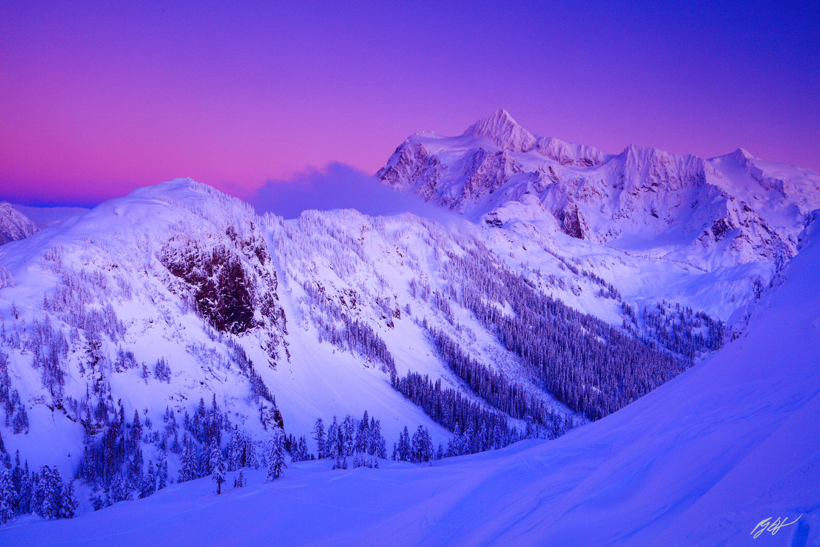 Winter Sunset Mt Shuksan from Artist Ridge in Mt Baker National Recreation Area of Washington
