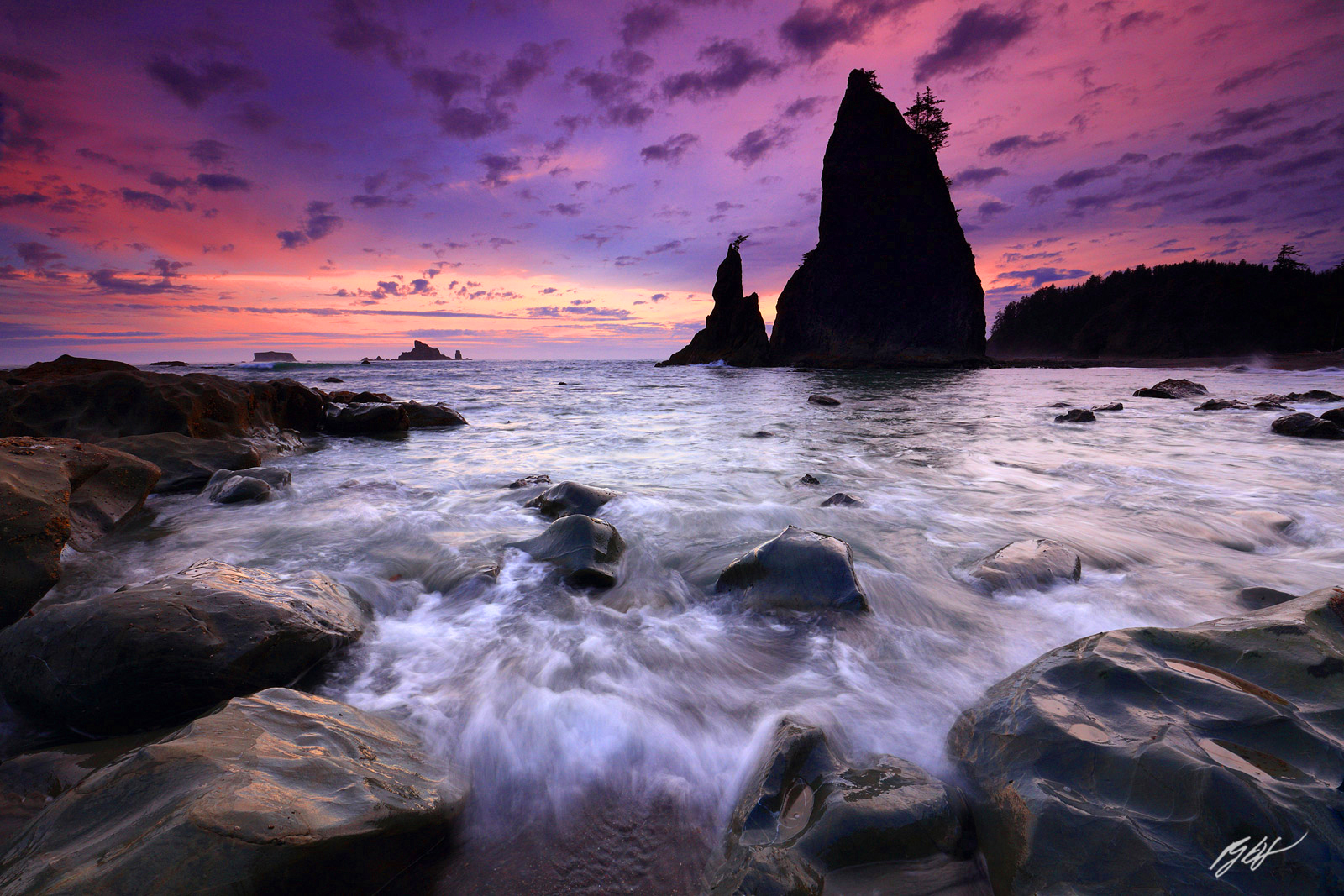 Sunset and Surf with Split Rock from Rialto Beach in Olympic National Park in Washington