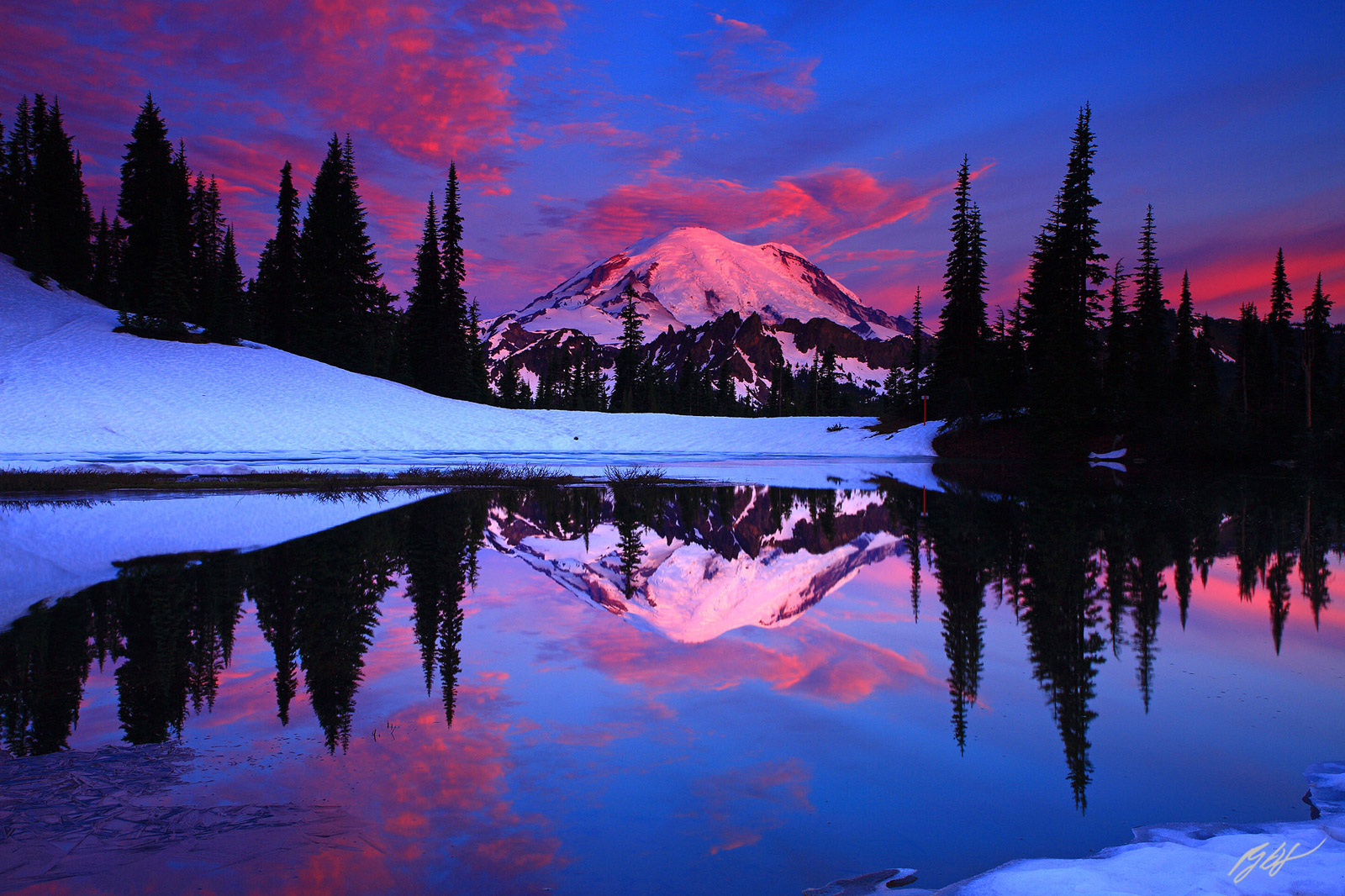 Winter Sunrise with Mt Rainer Reflected in Tipsoo Lake from Mt Rainier National Park in Washington