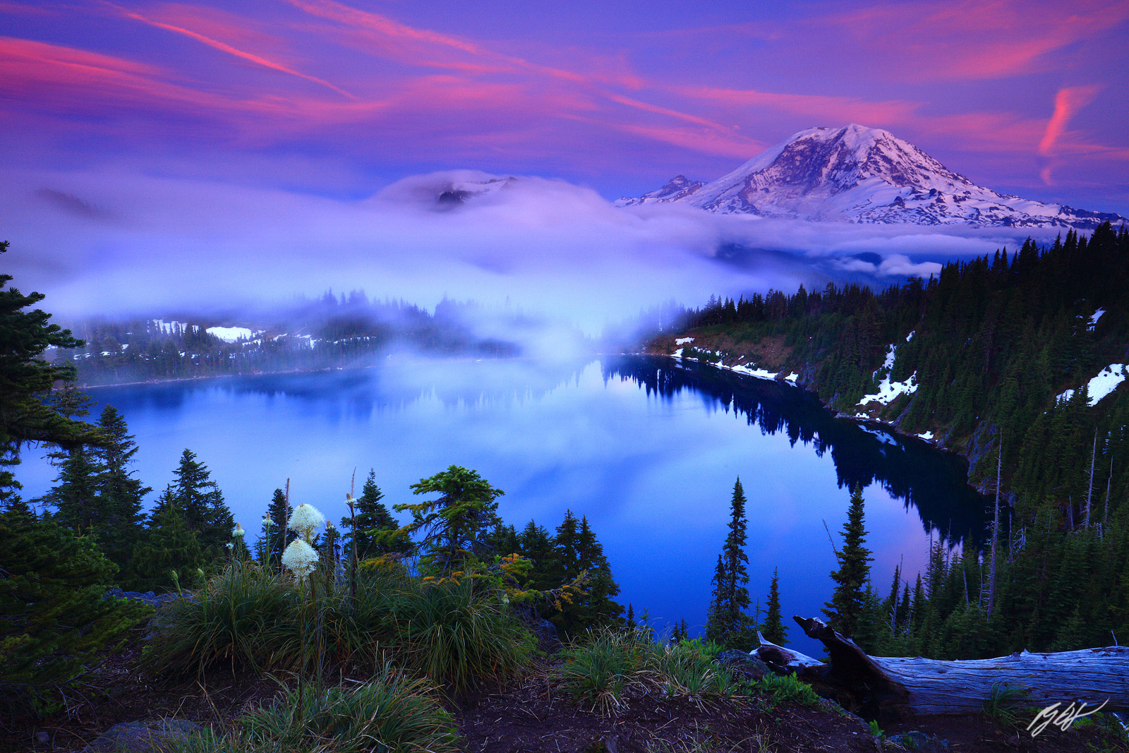 Sunset Mt Rainier and Summit Lake from the Clearwater Wilderness in Washington