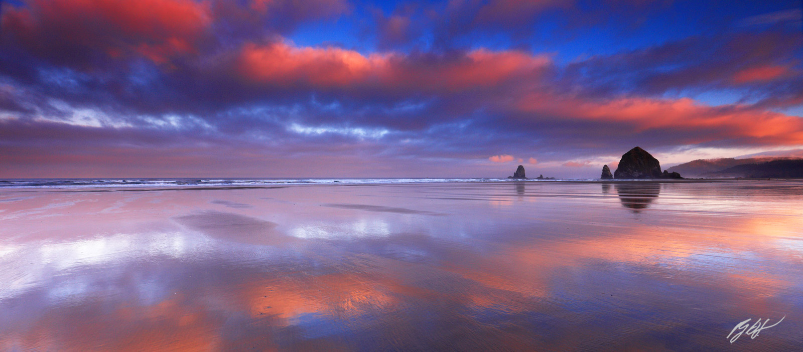 Sunrise Reflections with Haystack Rock and the Needles, from Cannon Beach, Oregon