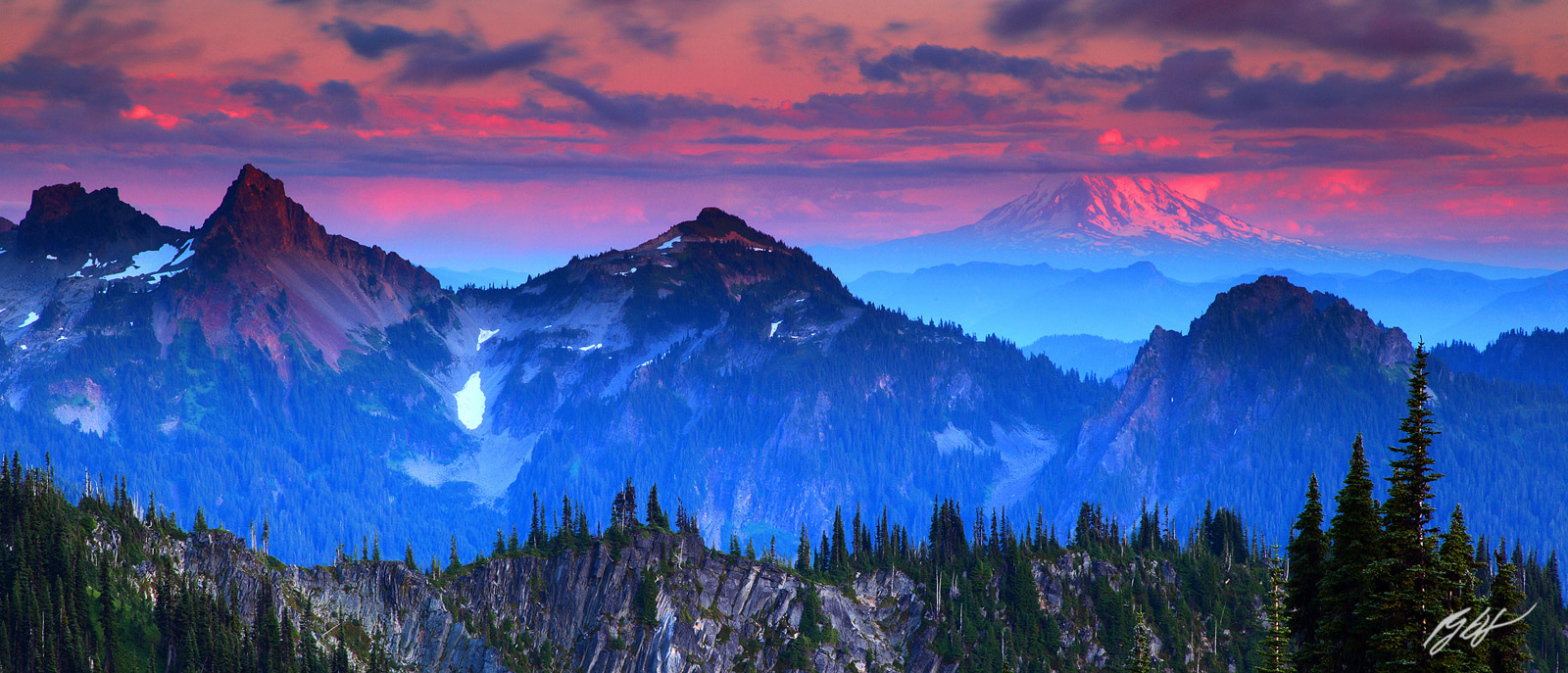Sunset Mt Adams Viewed Through the Tatoosh Range from Mt Rainier National Park, Washington