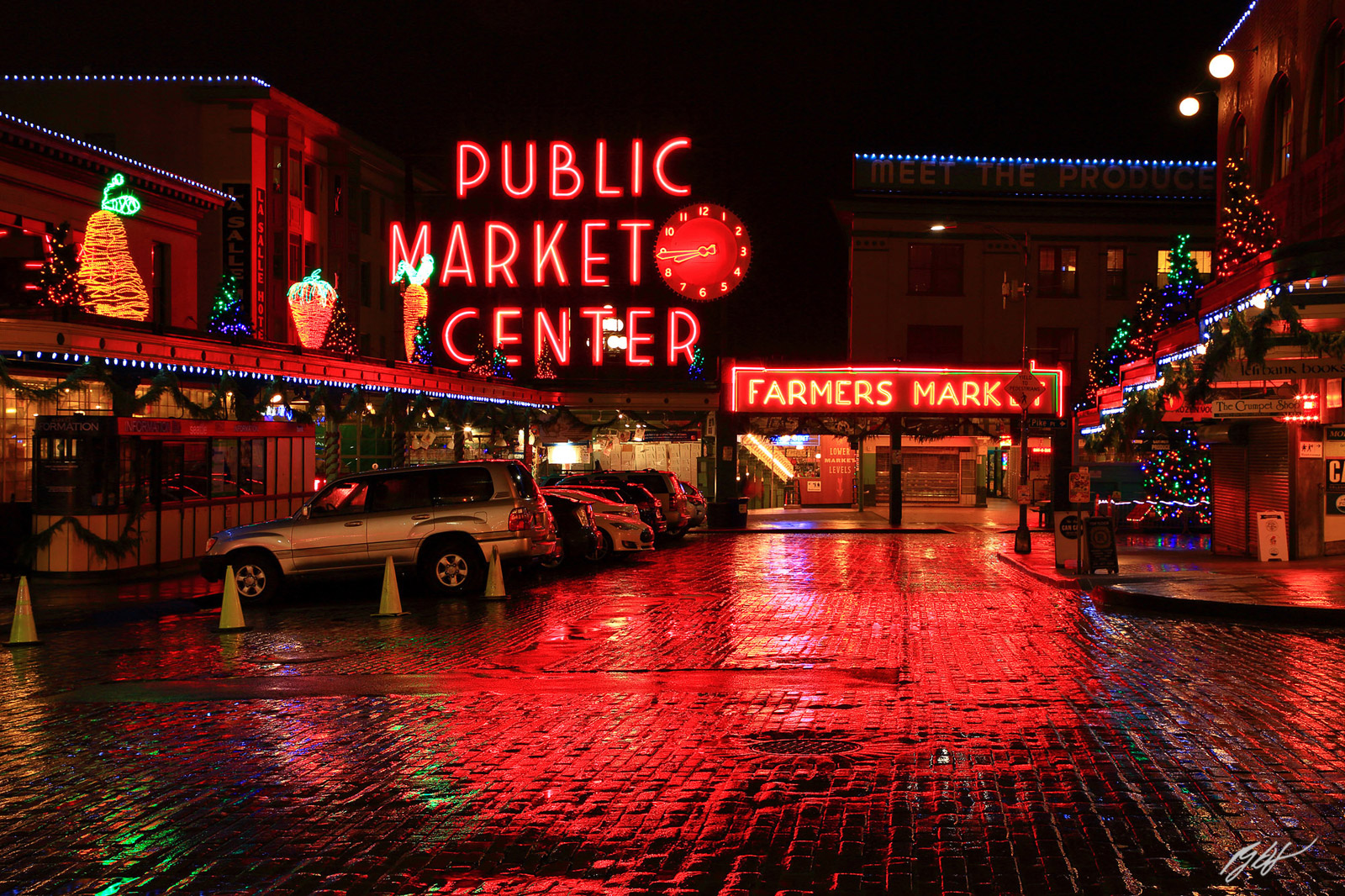Pike Street Market at Night from Seattle Washington