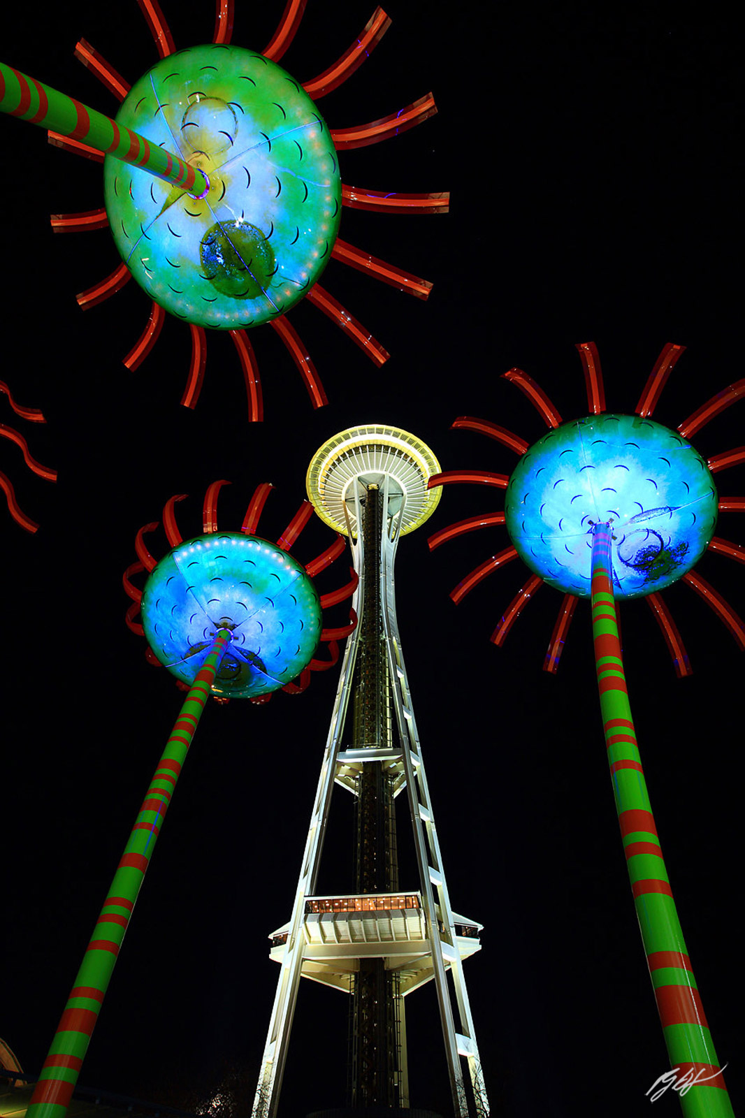 Giant Singing Flower Sculpture and the Space Needle in Seattle Center in Seattle Washington