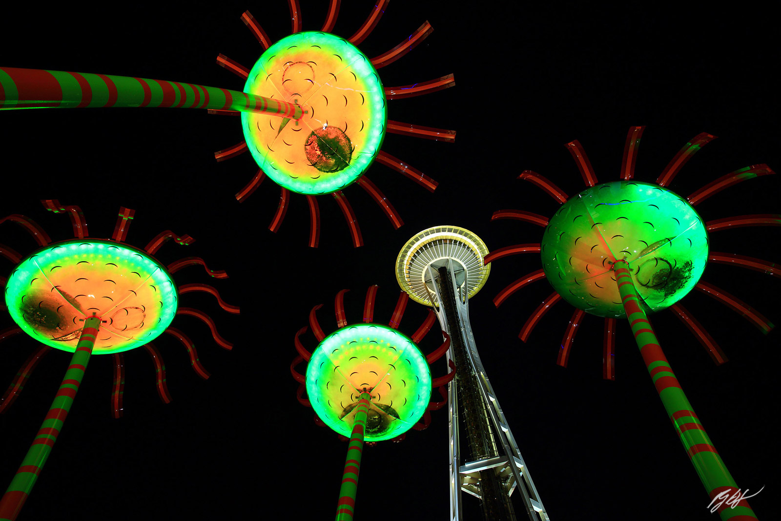 Giant Singing Flower Sculpture and the Space Needle in Seattle Center in Seattle Washington