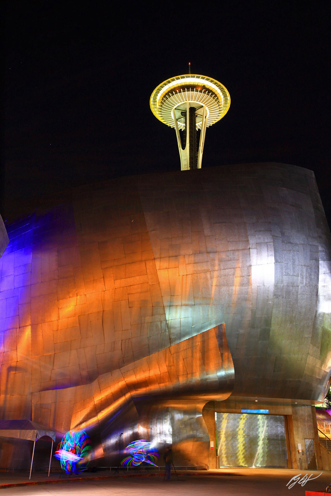 The Space Needle and the Experience Music Project in Seattle Center in Seattle Washington