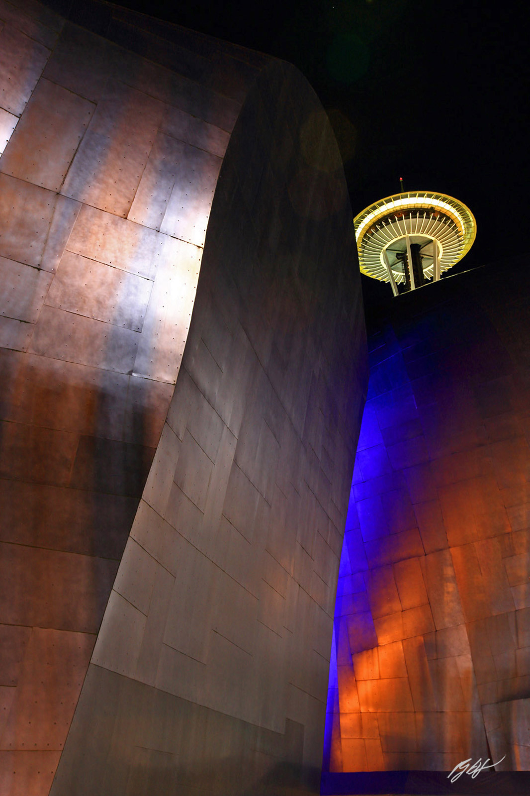 The Space Needle and the Experience Music Project in Seattle Center in Seattle, Washington