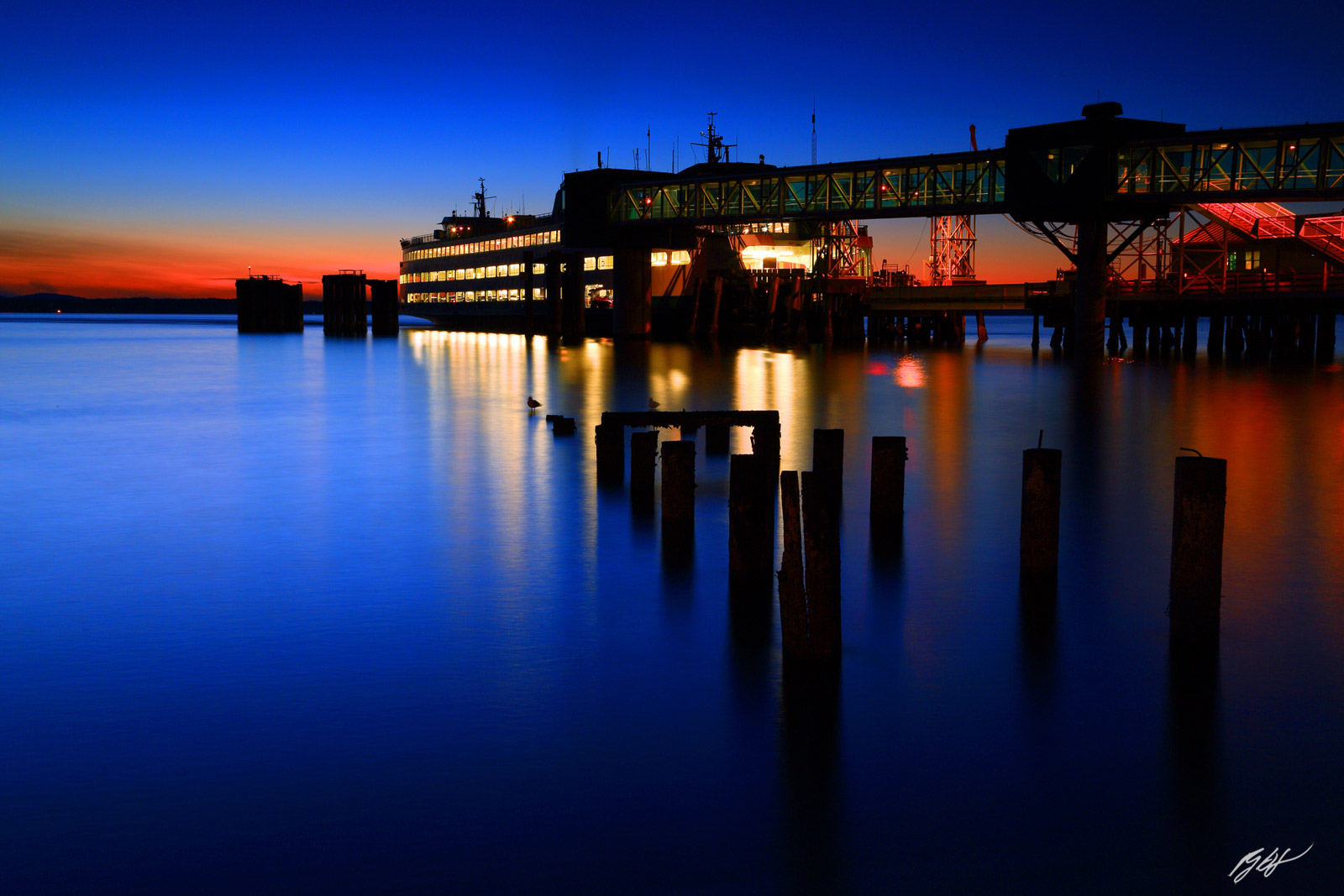 Afterglow Blue Hour with Edmonds Ferry at Dock from Edmonds Beach in Edmonds, Washington