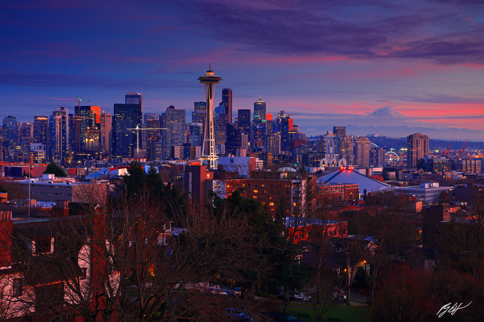 Sunset Seattle Skyline from Kerry Park on Queen Ann Hill in Seattle Washington