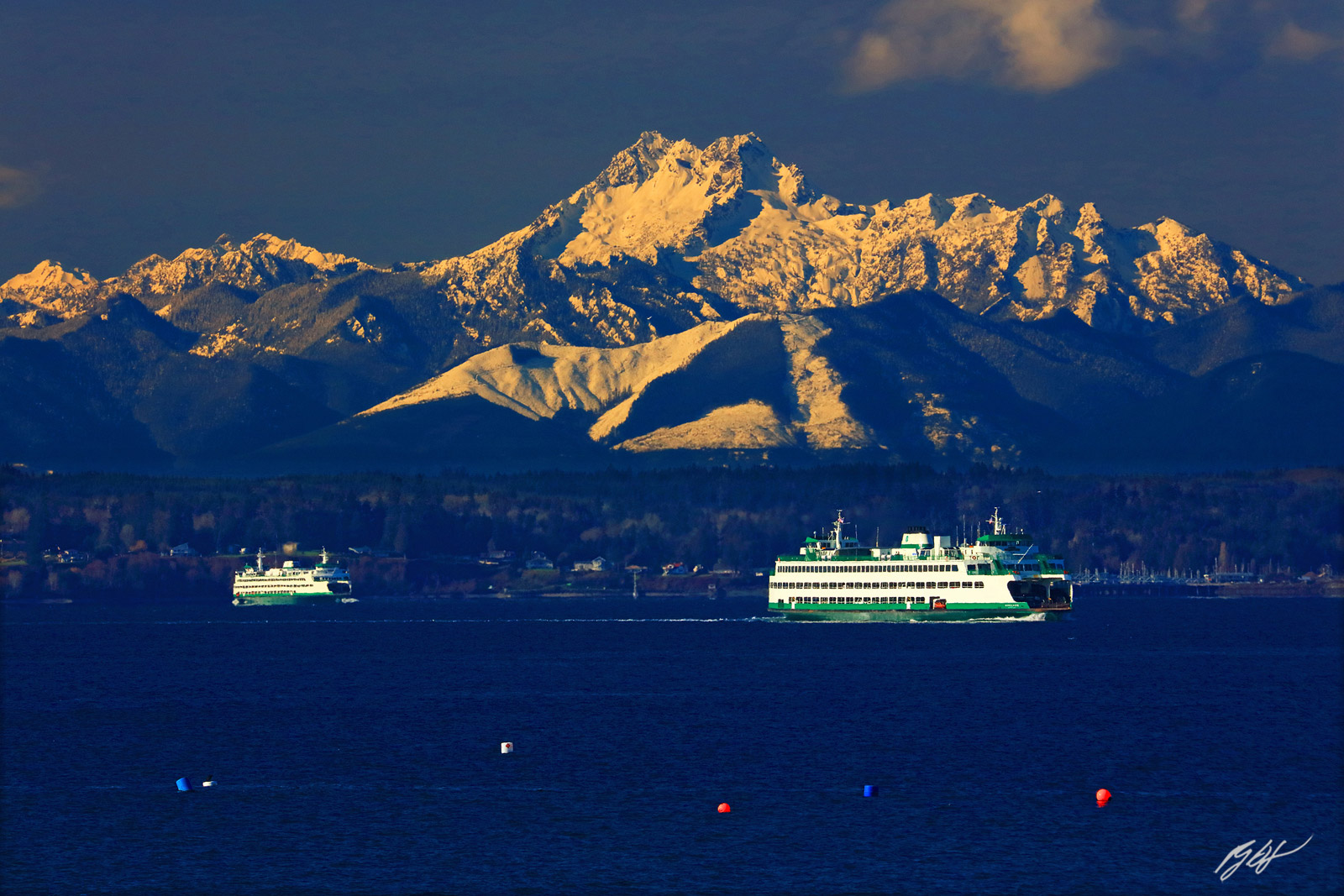 Two Ferry Boats and the Olympic Mountains from Sunset Drive in Edmonds Washington