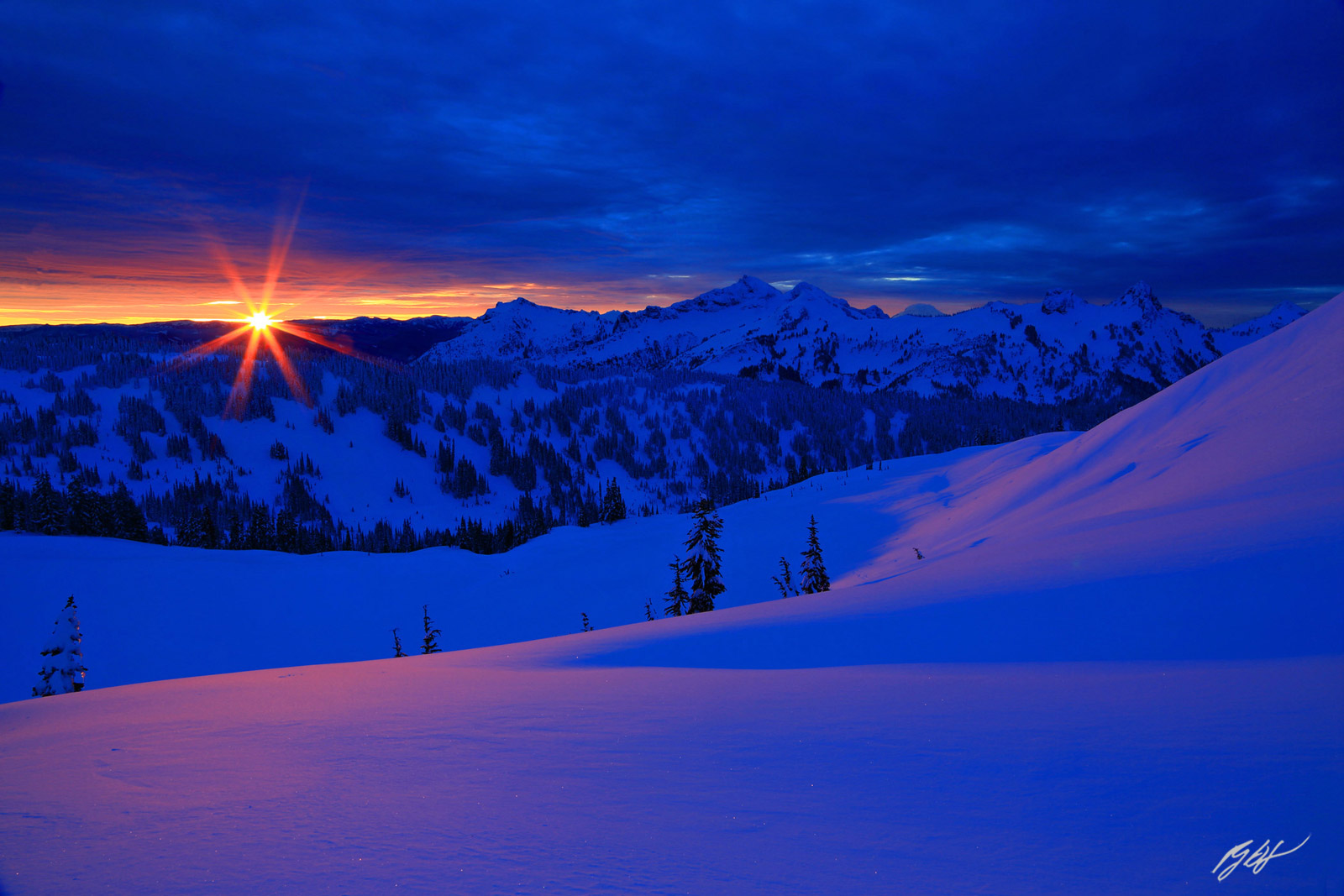 Winter Sunrise Over the Tatoosh Range from Paradise Meadows in Mt Rainier National Park in Washington