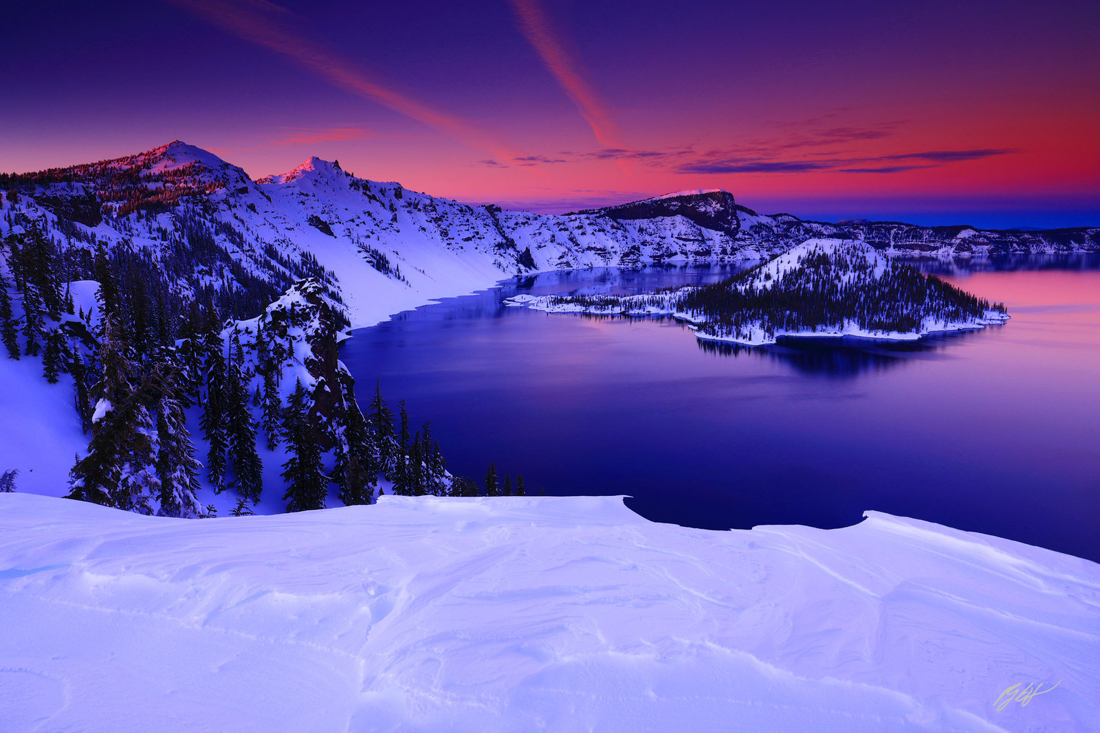 Winter Sunset over Crater Lake and Wizard Island from Crater Lake National Park in Oregon
