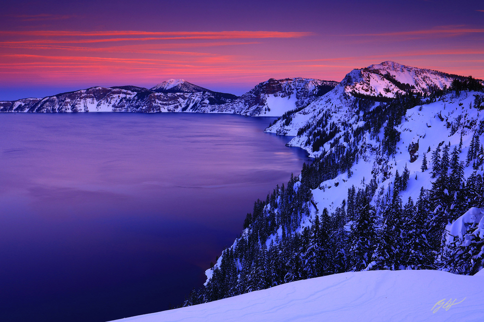 Winter Sunset over Crater Lake from Crater Lake National Park in Oregon