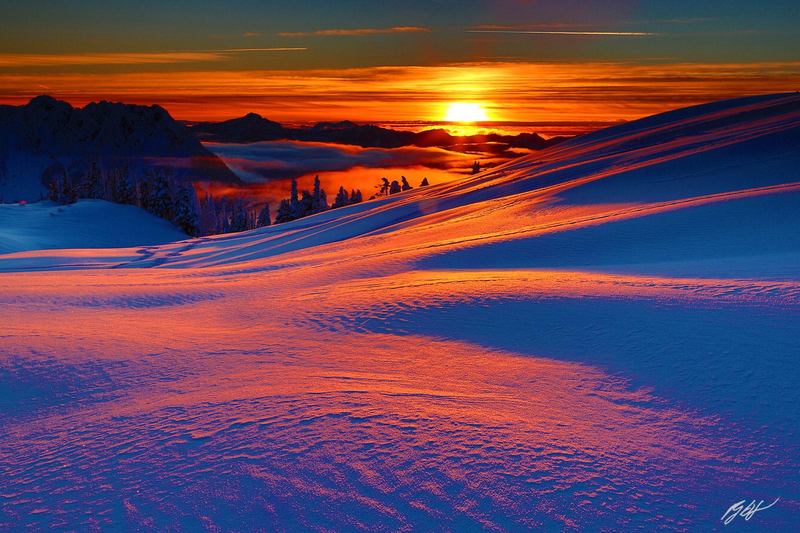 Winter Sunset from Paradise Meadows in Mt Rainier National Park in Washington