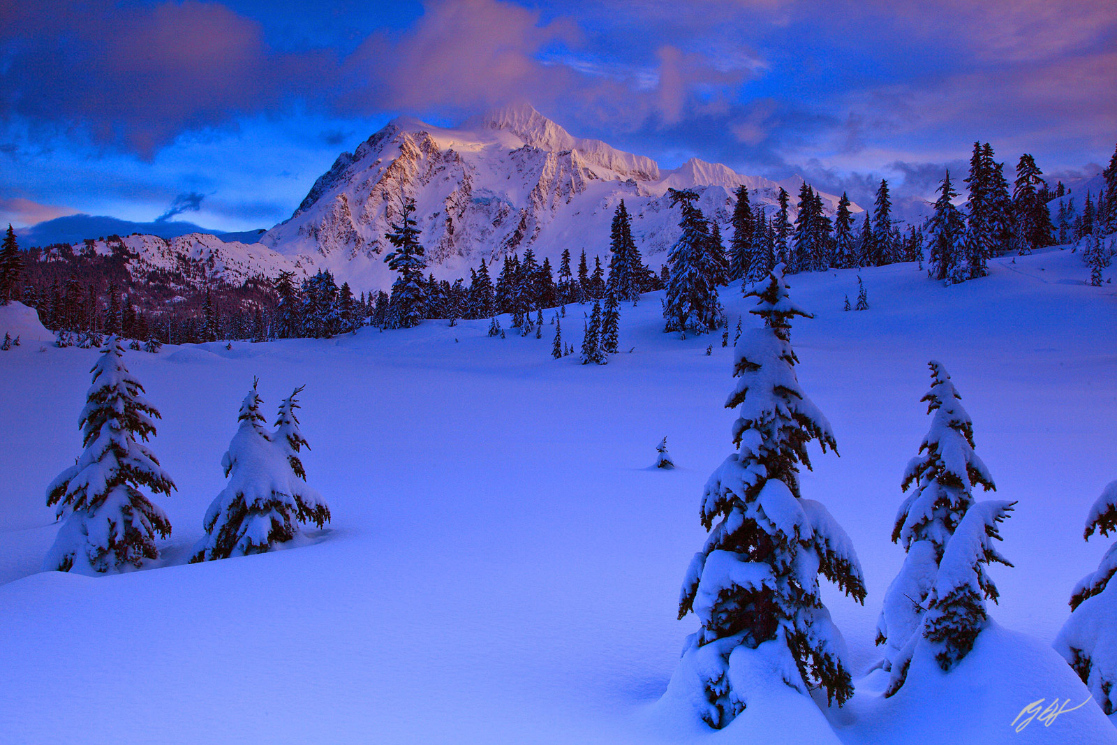 Winter Scene and Mt Shuksan from Heather Meadows in the Mt Baker National Recreation Area in Washington