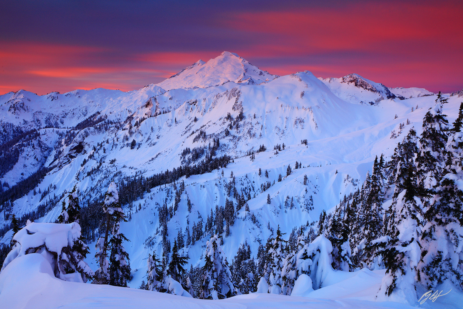 Winter Sunrise on Mt Baker from Artist Ridge in the Mt Baker National Recreation Area in Washington