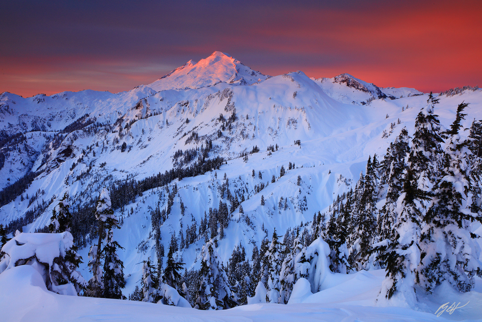 Winter Sunrise on Mt Baker from Artist Ridge in the Mt Baker National Recreation Area in Washington
