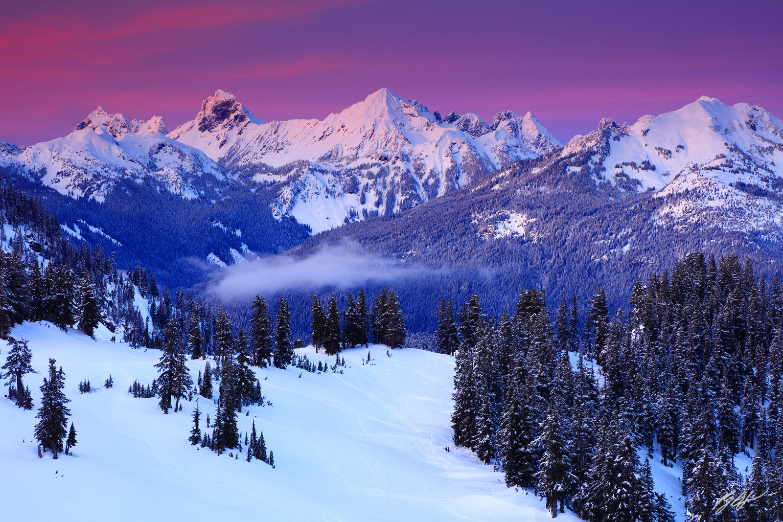 Winter Sunset Over the north Cascades from Artist Ridge in the Mt Baker National Recreation Area in Washington