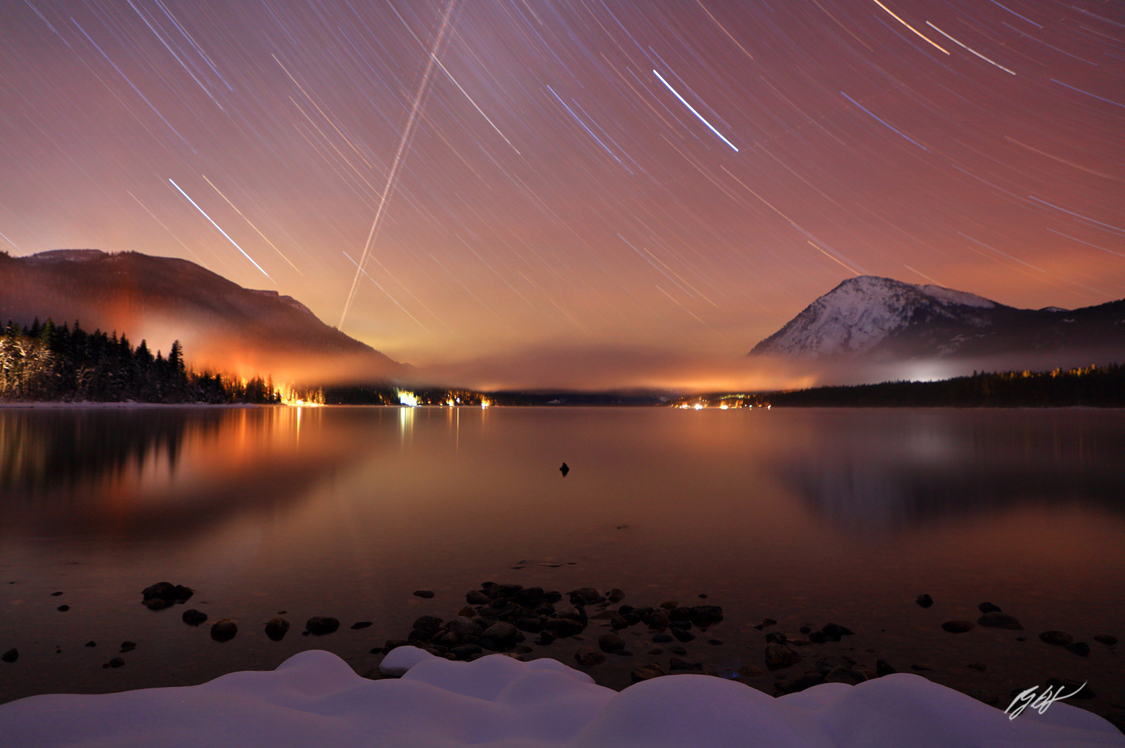 Star Trails over Lake Wenatchee in Winter in Lake Wenatchee State Park in Washington