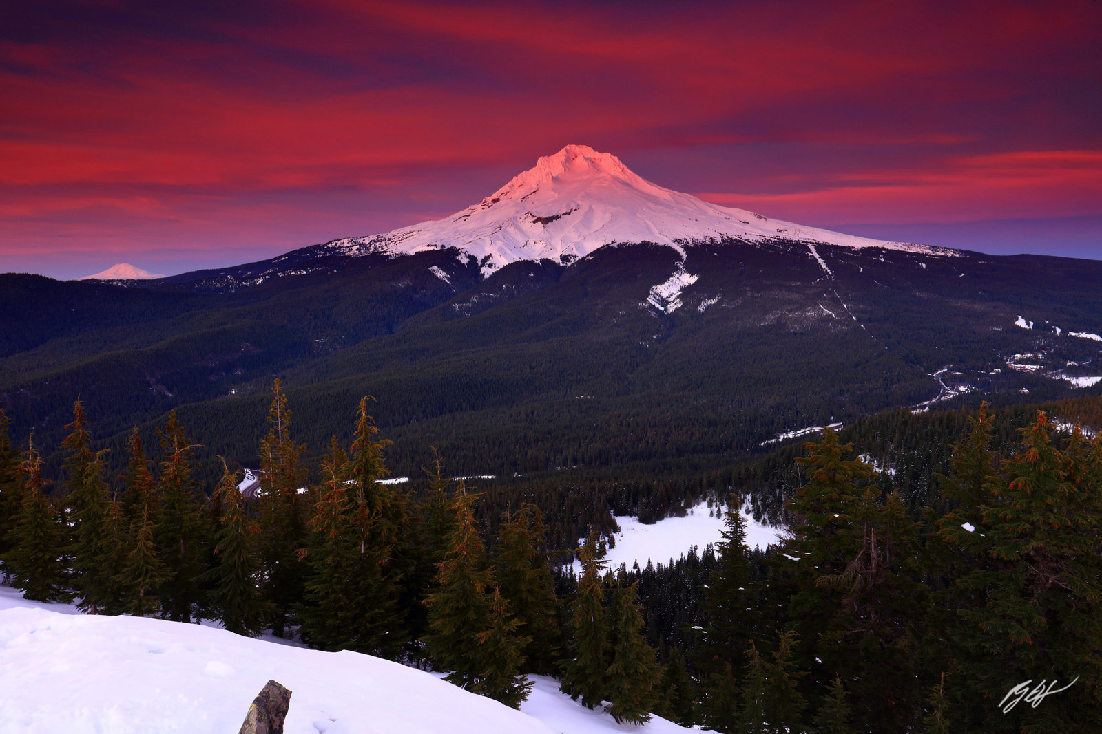 Winter Sunset with Mt Hood and Mt Adams from the Summit of Tom, Dick and Harry Mountain in the Mt Hood Wilderness in Oregon