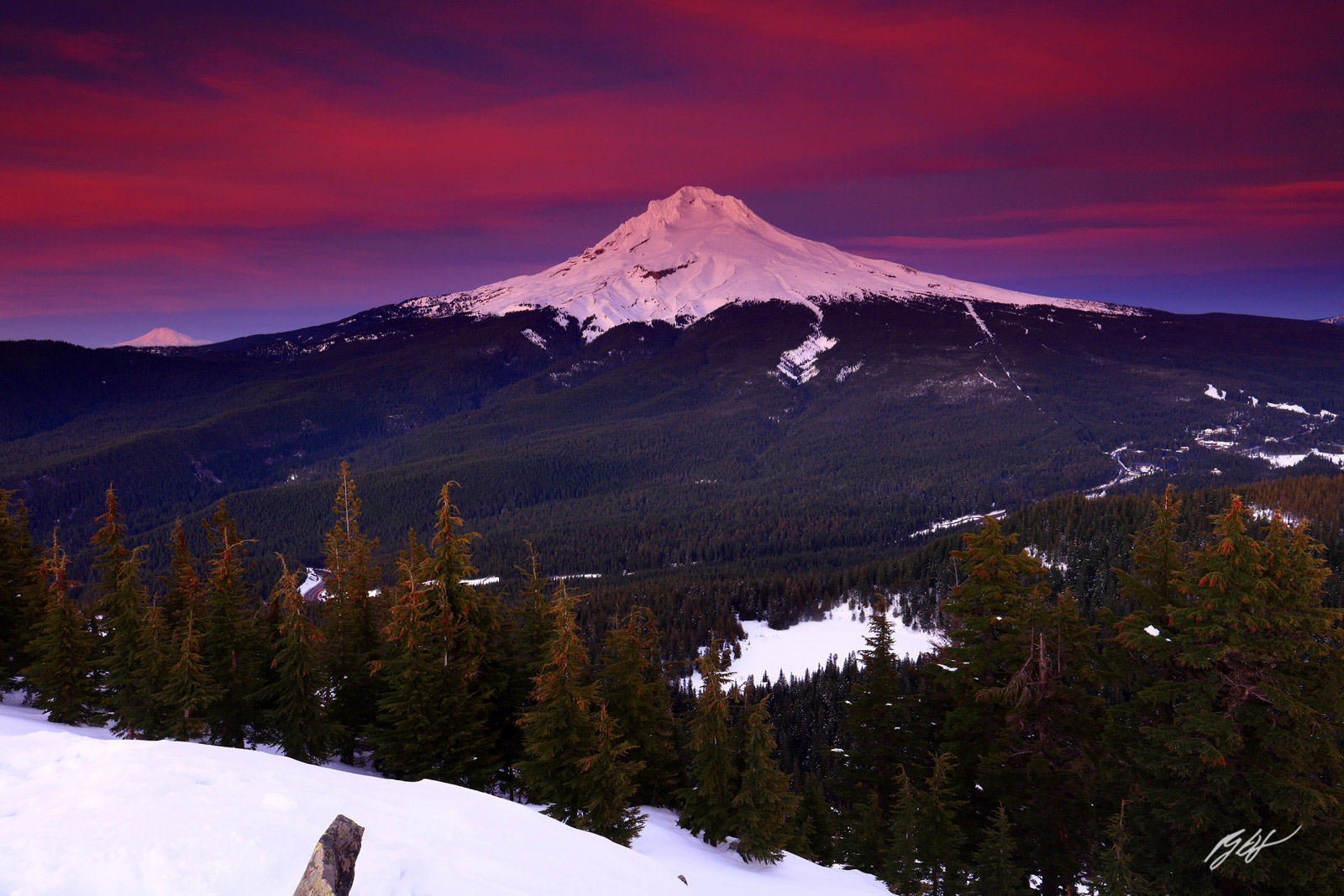 Winter Sunset with Mt Hood and Mt Adams from the Summit of Tom, Dick and Harry Mountain in the Mt Hood Wilderness in Oregon