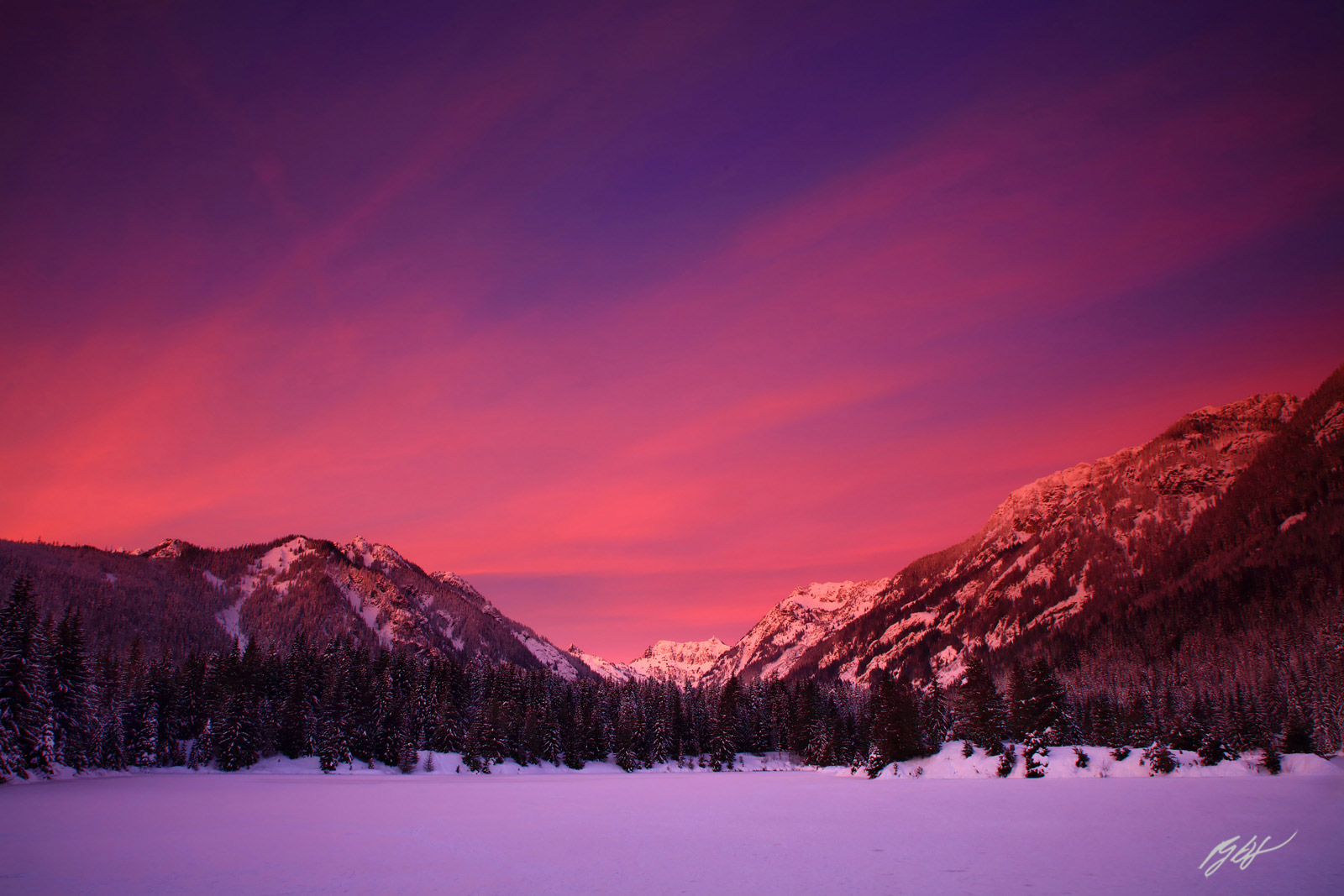 Winter Sunrise over Gold Creek Pond and Gold Creek Pond Basin in the Mt Baker-Snoqualmie National Forest in Washington